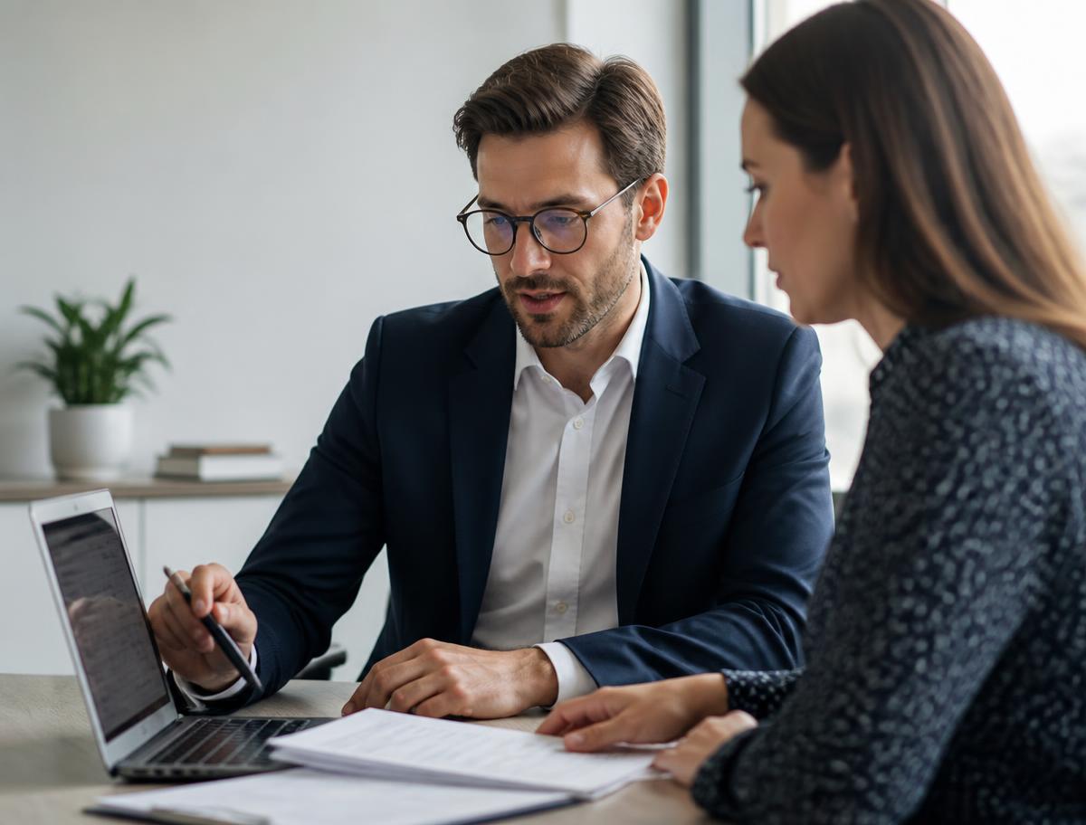 Consultant reviewing documents with a client in a modern office